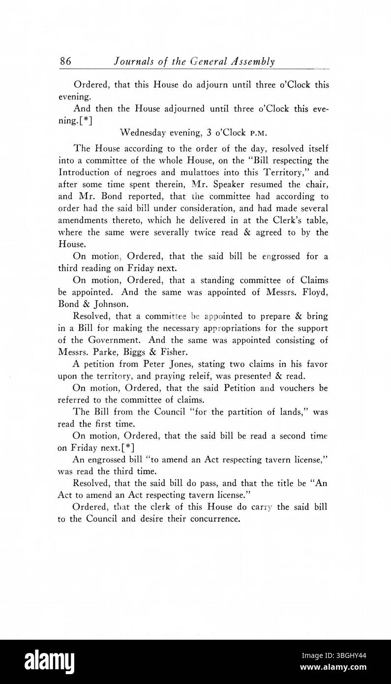 Cette page de journal présente les discussions officielles et les activités législatives de l'Assemblée du territoire de l'Indiana de 1805 à 1815. Banque D'Images