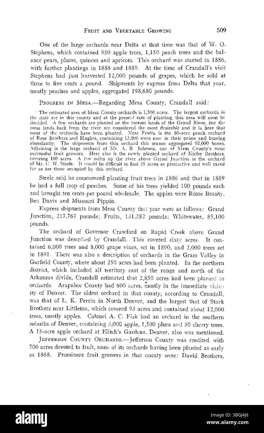 Cette page tirée de 'histoire de l'agriculture au Colorado' décrit le développement de l'agriculture dans l'état jusqu'en 1926. Il offre un aperçu approfondi des pratiques agricoles clés, des défis et des innovations dans l’histoire agricole du Colorado. Banque D'Images