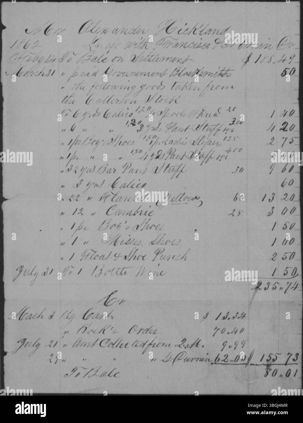 Ce document est un photostat non daté d'un compte rendu impliquant MM. Alexander Hickland et Francisco et assuré Vrain Co, daté de juillet 1862. Il fournit des relevés de transactions financières et commerciales du milieu du XIXe siècle. Banque D'Images