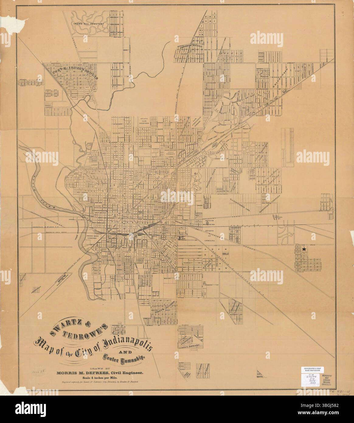Cette carte de 1915 de Swartz & Tedrowe d'Indianapolis et du canton de Center, créée par Morris M. Defrees, fournit un plan détaillé de la ville à l'échelle 1 :50 15 840. Banque D'Images