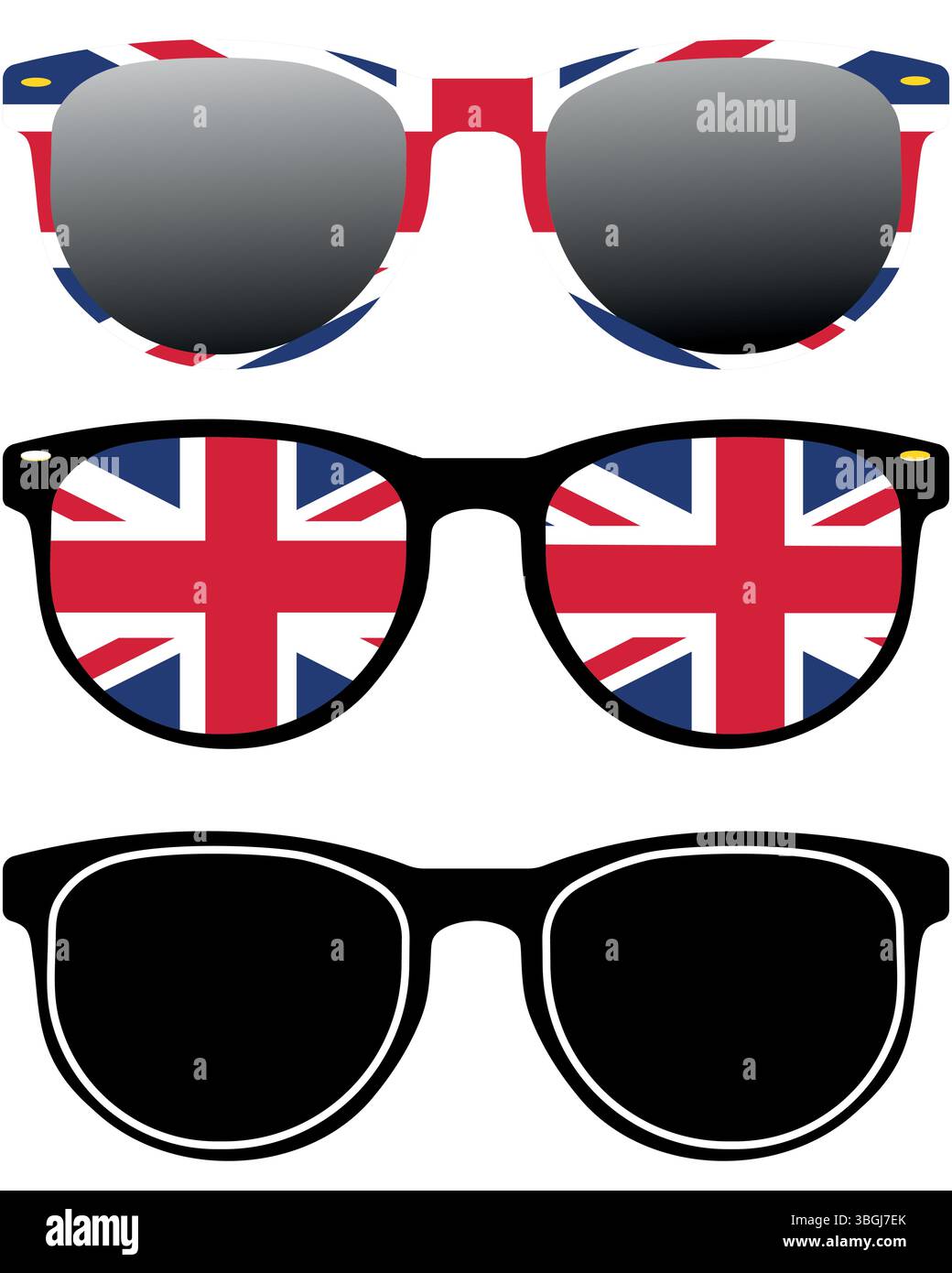 Lunettes de soleil avec drapeau Union Jack dans l'objectif et la monture, élément graphique British Patriotic Illustration de Vecteur