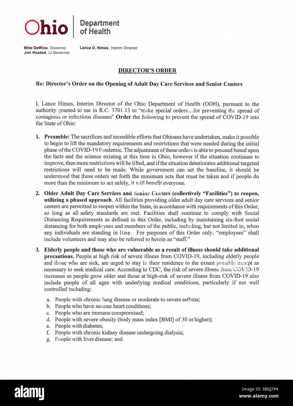 L’ordonnance du directeur publiée en août 2020 décrit les procédures de réouverture des services de garderie pour adultes et des centres pour aînés en Ohio, en mettant l’accent sur les mesures de santé et de sécurité. Banque D'Images