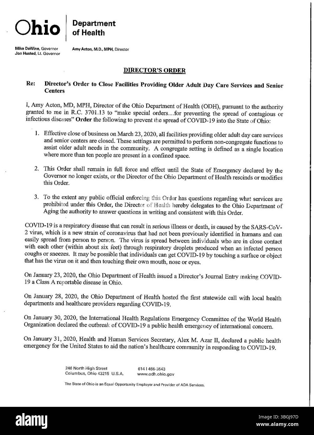 L’ordre du directeur émis le 21 mars 2020 impose la fermeture des services de garderie pour adultes âgés et des centres pour aînés afin de réduire la propagation de la COVID-19 parmi les populations vulnérables. Banque D'Images