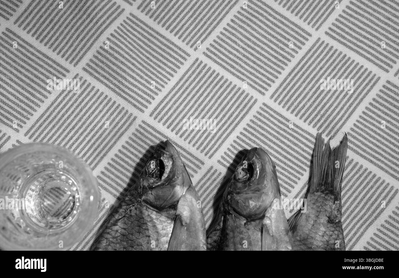 Poisson séché et verre de vodka sur nappe à motifs – collation traditionnelle d'Europe de l'est Banque D'Images