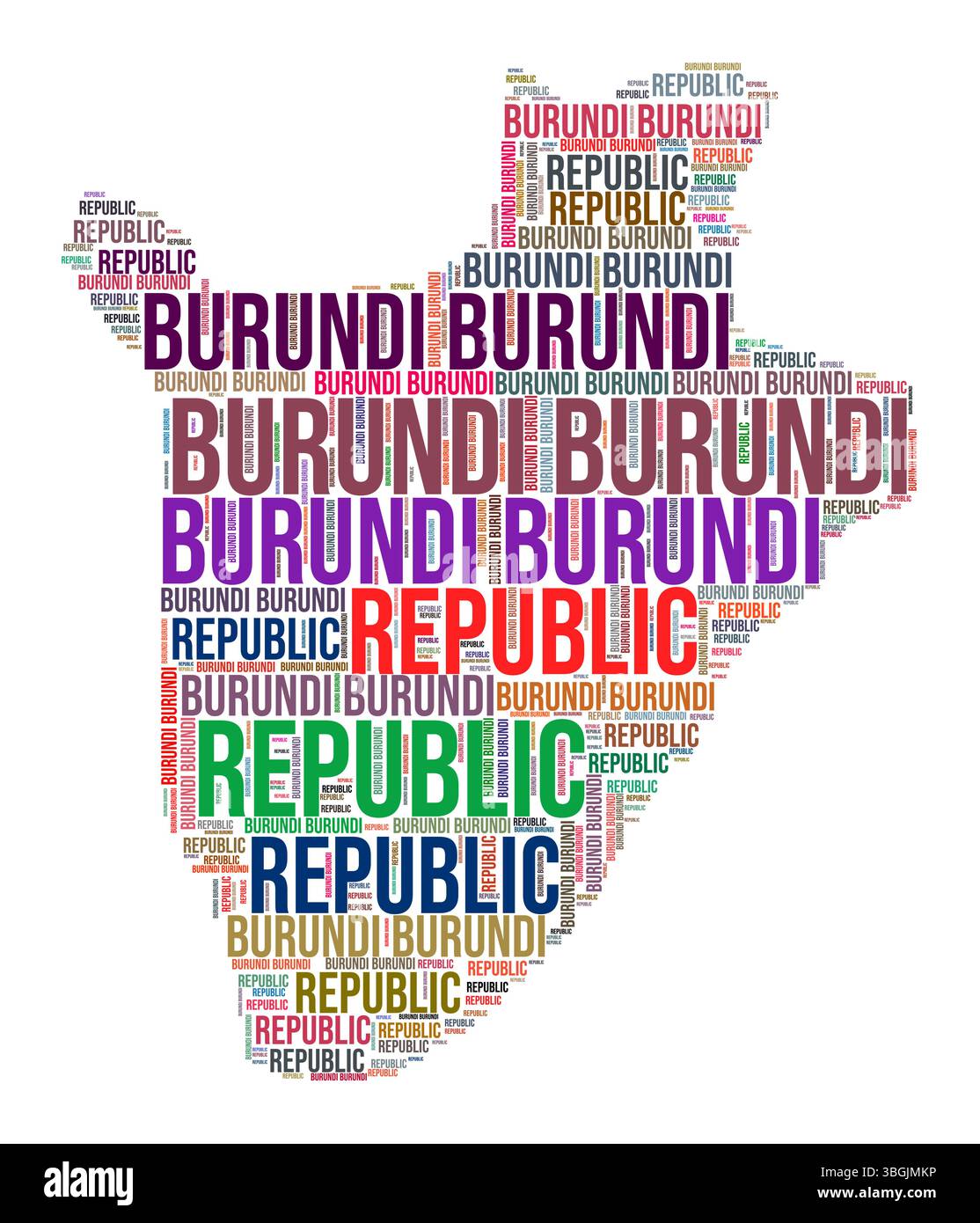 Nuage de mots en forme de pays Burundi. Illustration de pays de style typographique. Image Burundi dans le style nuage de texte. Illustration vectorielle. Illustration de Vecteur
