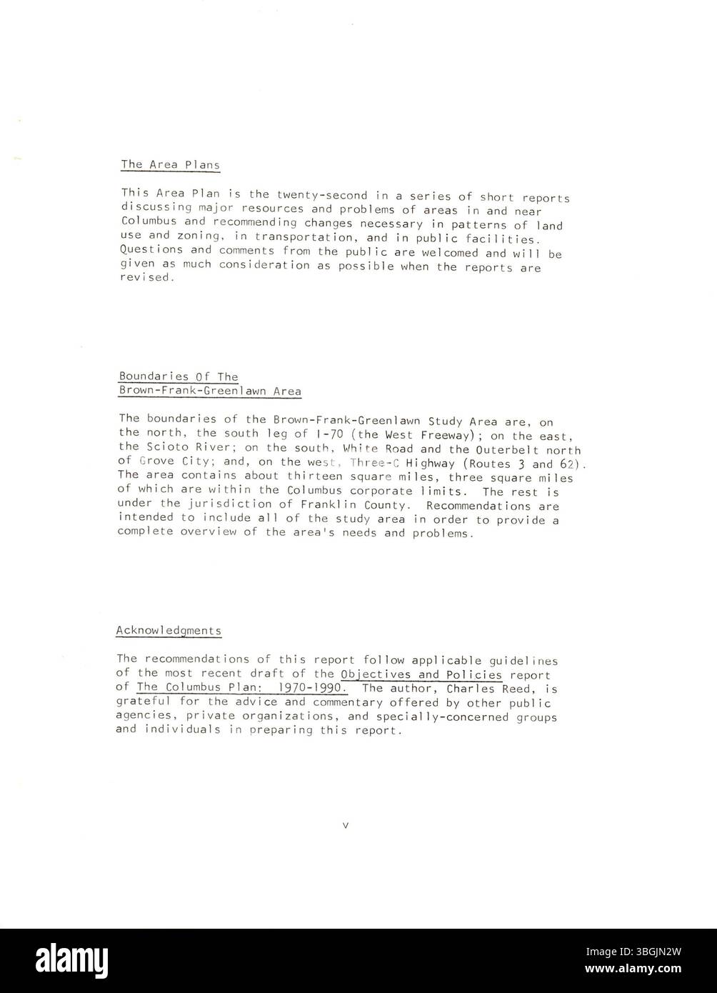 Le plan Frank-Brown-Greenlawn Area Plan, qui fait partie du plan de Columbus City, décrit les limites d'une zone d'étude de 13 milles carrés, en mettant l'accent sur le zonage résidentiel et commercial, les réseaux de transport et le développement de l'infrastructure. Banque D'Images