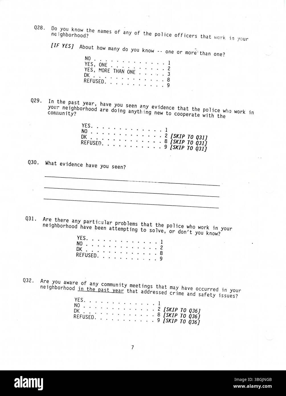 L'enquête sur la police communautaire de 1996 à Columbus a porté sur l'évaluation de l'approche de police hybride de la ville sous l'égide du Bureau d'intervention stratégique (SRB). Le sondage visait à recueillir les commentaires de la collectivité sur les stratégies de prévention du crime et l'efficacité du partenariat entre les organismes d'application de la loi et les citoyens pour réduire la criminalité. Le programme a été financé par le bureau du procureur général des États-Unis. Banque D'Images