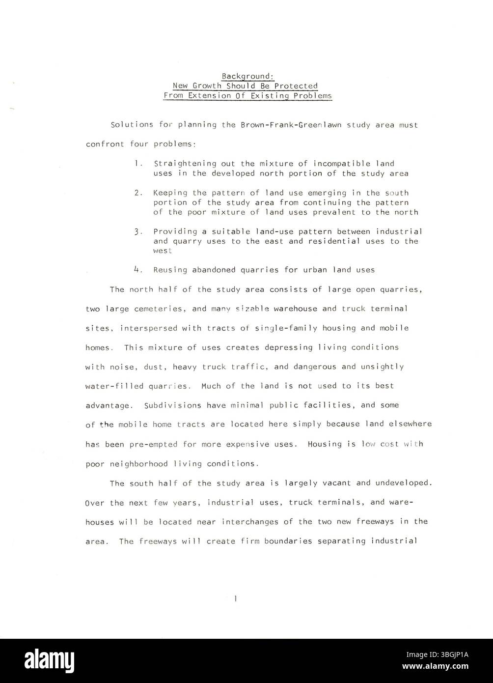 Le plan de la région Frank-Brown-Greenlawn de 1972 est une composante du plan de Columbus, couvrant une région de 13 milles carrés. Il comprend des limites clés telles que la I-70, la rivière Scioto, la route White et la route Three-C, avec une partie de la zone dans les limites de Columbus. Banque D'Images