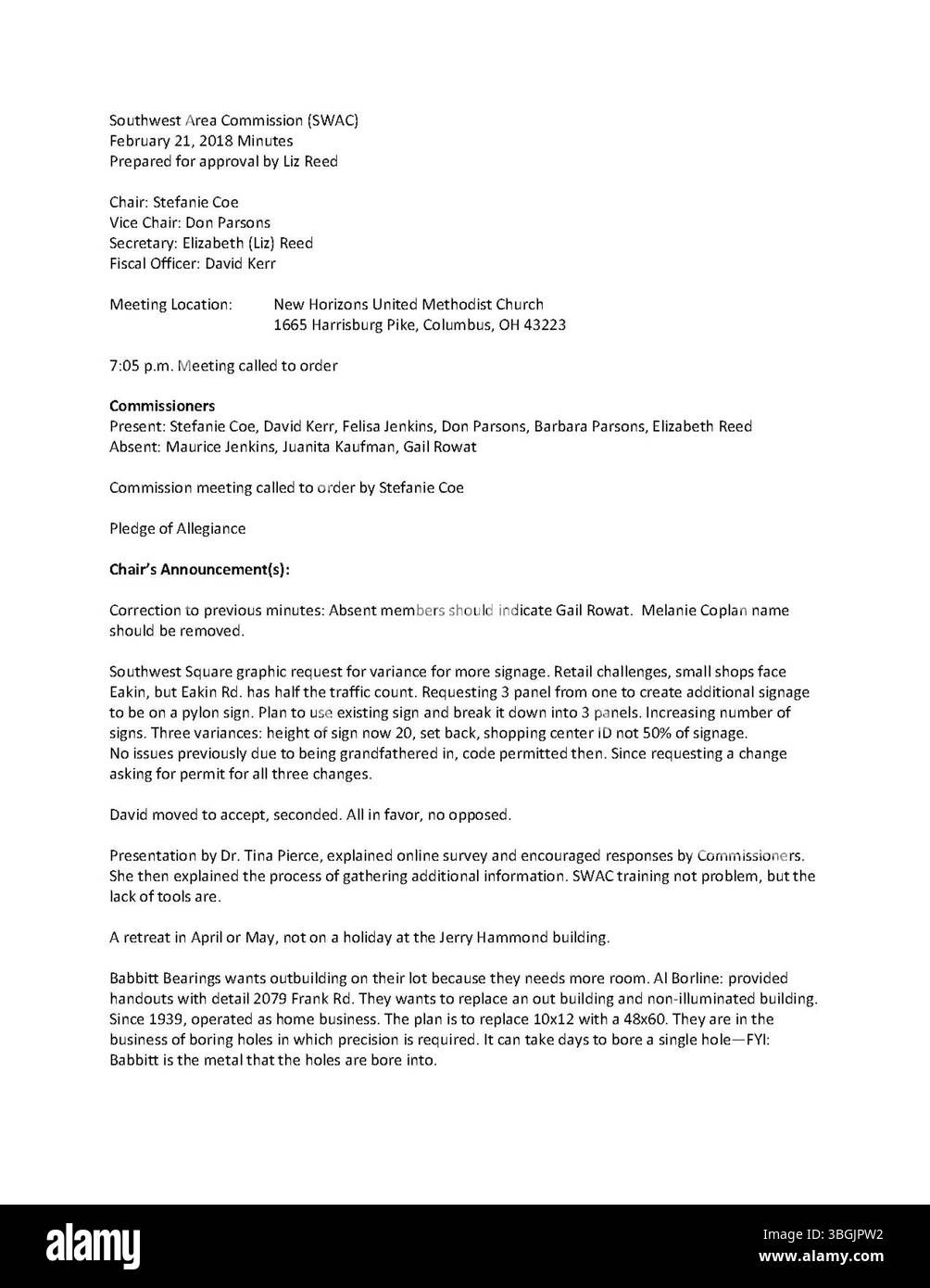 La Commission de la région du Sud-Ouest est composée de bénévoles qui conseillent les représentants de la ville de Columbus et le conseil municipal. La commission facilite le dialogue entre les groupes de quartier et les promoteurs. Les réunions mensuelles ont lieu au 1665 Harrisburg Pike, avec des limites qui s'étendent de Mound équipé/Greenlawn Ave. au nord jusqu'à CSX Railroad à l'ouest, et I-270 au sud. Banque D'Images