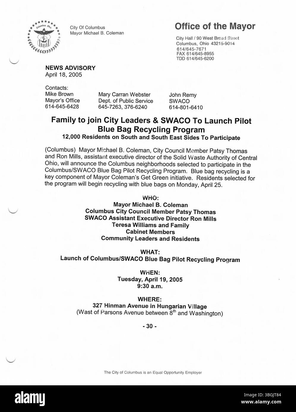 Ce document comprend 2005 communiqués de presse du bureau du maire Michael Coleman. Coleman est le premier maire afro-américain de Columbus, Ohio, servant de 2000 à 2016. Il était le maire de Colomb ayant servi le plus longtemps au moment de sa retraite en 2016, atteignant une étape importante dans son mandat de 15 ans. Banque D'Images