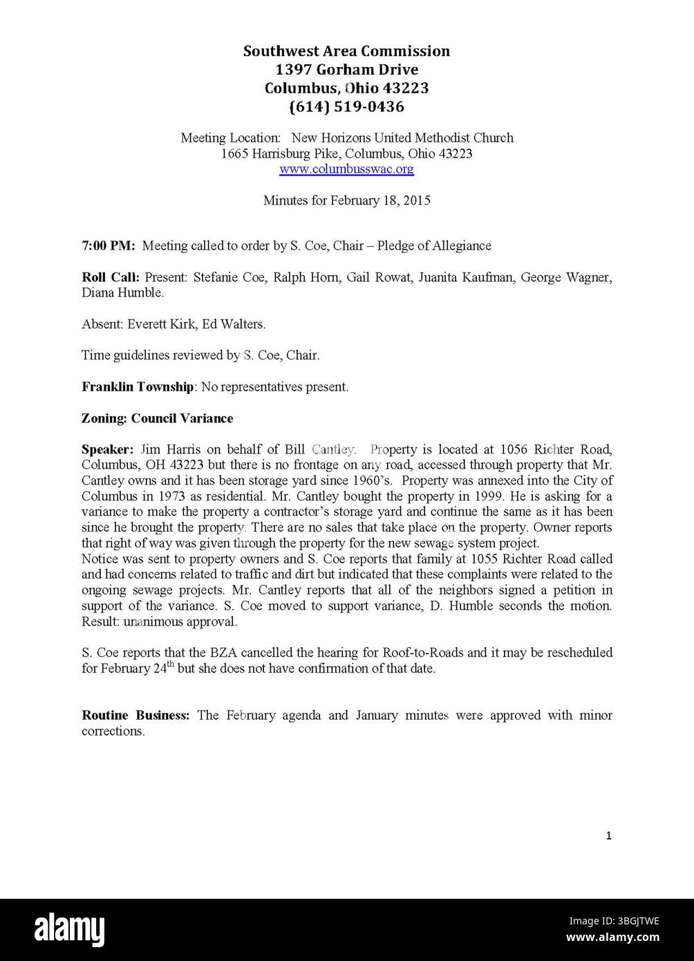 Le procès-verbal de la réunion de la Commission du secteur Sud-Ouest du 18 février 2015 contient un compte rendu des discussions et des décisions prises par la commission, qui agit à titre d'organisme consultatif auprès de la ville de Columbus. La réunion est ouverte au public, offrant une plate-forme de coopération entre la ville, les promoteurs et les groupes de quartier. Banque D'Images