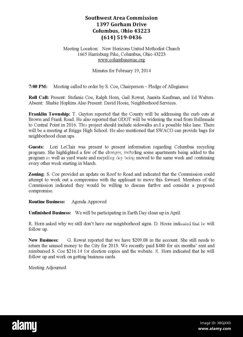 La Southwest Area Commission sert d'organe consultatif à l'administration et au conseil municipal de la ville de Columbus, facilitant la communication entre les promoteurs et les groupes de quartier. Il se réunit tous les mois au 1665 Harrisburg Pike, avec des limites fixées par Mound préparées/Greenlawn Ave., Scioto River, I-270, et CSX Railroad. Banque D'Images