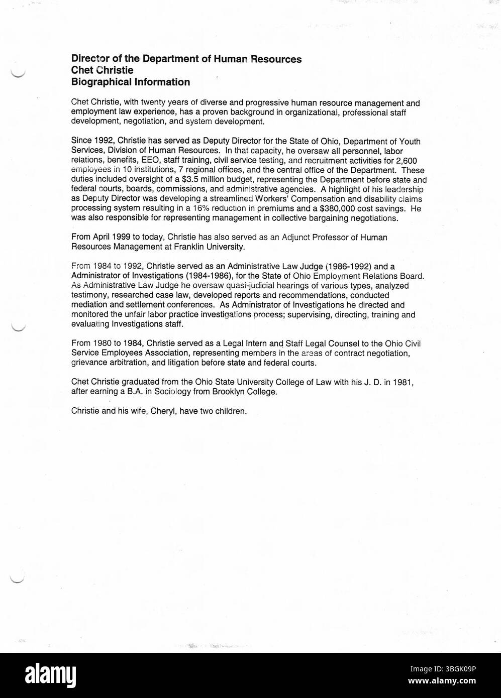 Cette série de communiqués de presse du bureau du maire Michael Coleman en 2000 souligne son leadership en tant que premier maire afro-américain de Columbus, Ohio. Son mandat de 2000 à 2016 marqua des jalons politiques et sociaux importants dans l’histoire de la ville. Banque D'Images
