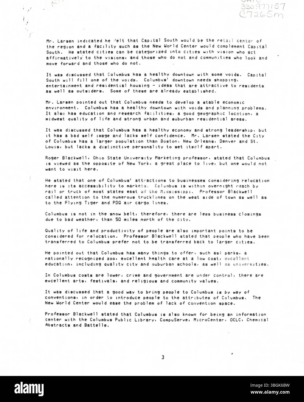 Le Comité civique du Columbus Center s’est réuni le 28 octobre 1986, sous la direction de Greg Lashutka, pour discuter du projet du Nouveau Centre mondial. La réunion s’est concentrée sur le calendrier de construction du centre, les détails de conception et l’impact communautaire. Banque D'Images