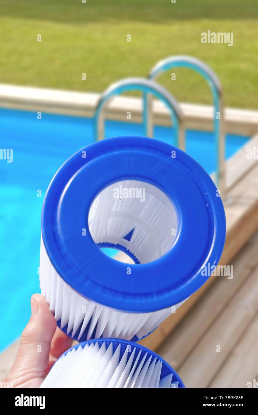 Cartouches filtrantes de piscine de remplacement dans la main d'une femme sur la toile de fond de la piscine. Traitement de l'eau, piscine à domicile, nettoyage, qualité de l'eau. Faible profondeur de champ Banque D'Images
