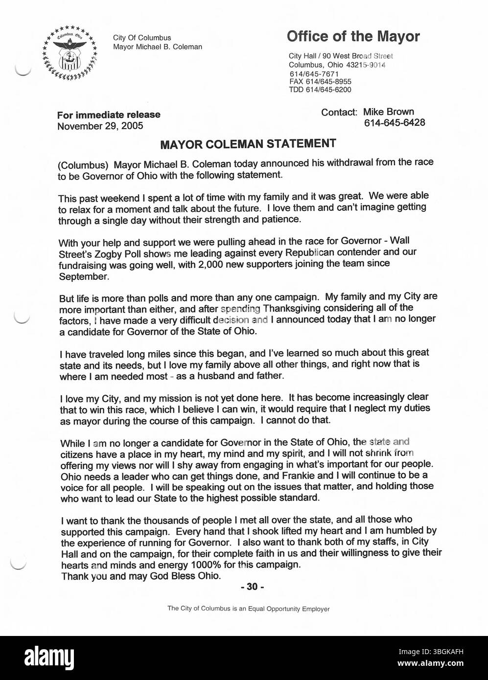 Les communiqués de presse de 2005 du bureau du maire Michael Coleman témoignent de son leadership et de sa fonction publique continue. Coleman est entré dans l’histoire en tant que premier maire afro-américain de Columbus, Ohio, et a été le maire le plus ancien de la ville jusqu’à sa retraite en 2016. Banque D'Images
