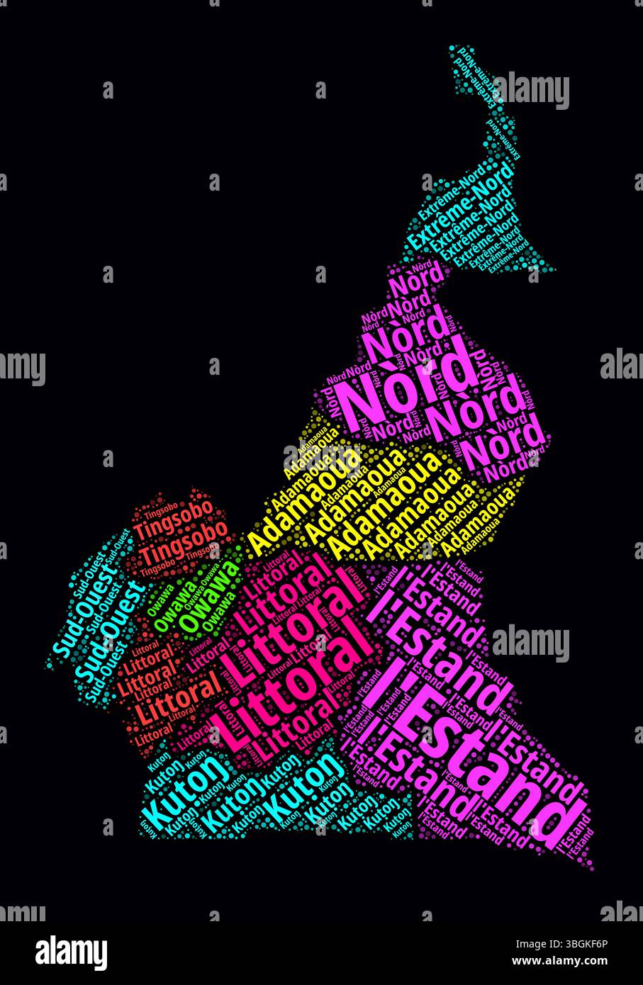 Cameroun Word Cloud. Noms de région du pays en anglais. Design de style néon lumineux sur fond sombre. Illustration de Vecteur