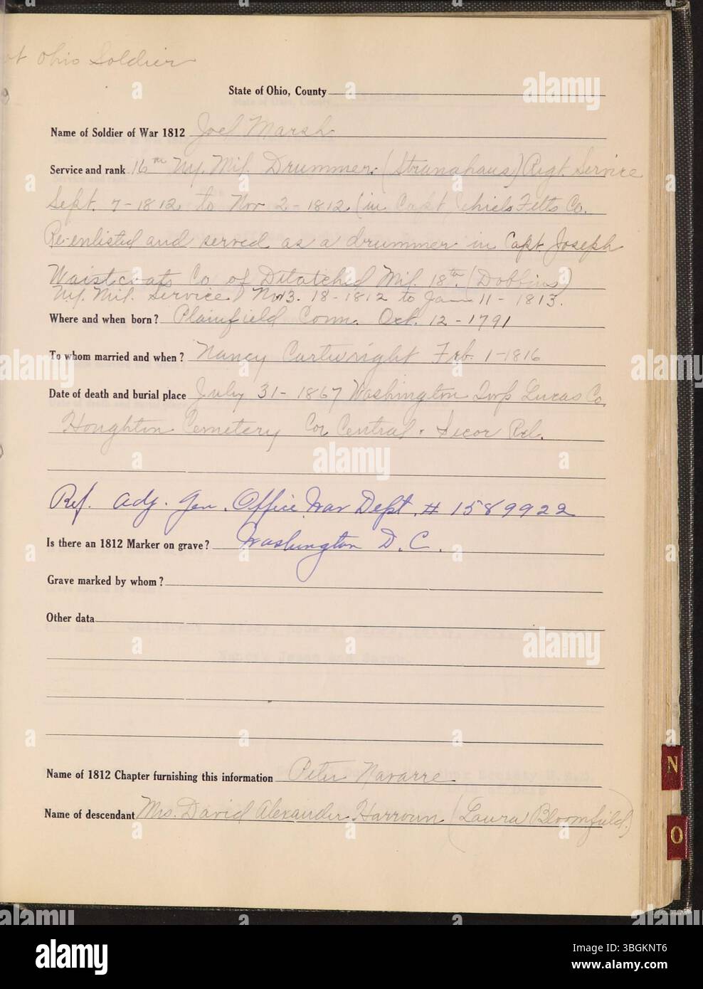 Le volume de 1939 documente les lieux de sépulture des soldats de l'Ohio de la guerre de 1812, cataloguant les tombes à travers l'État pour ceux qui font des recherches sur l'histoire militaire et la généalogie de l'Ohio. Banque D'Images
