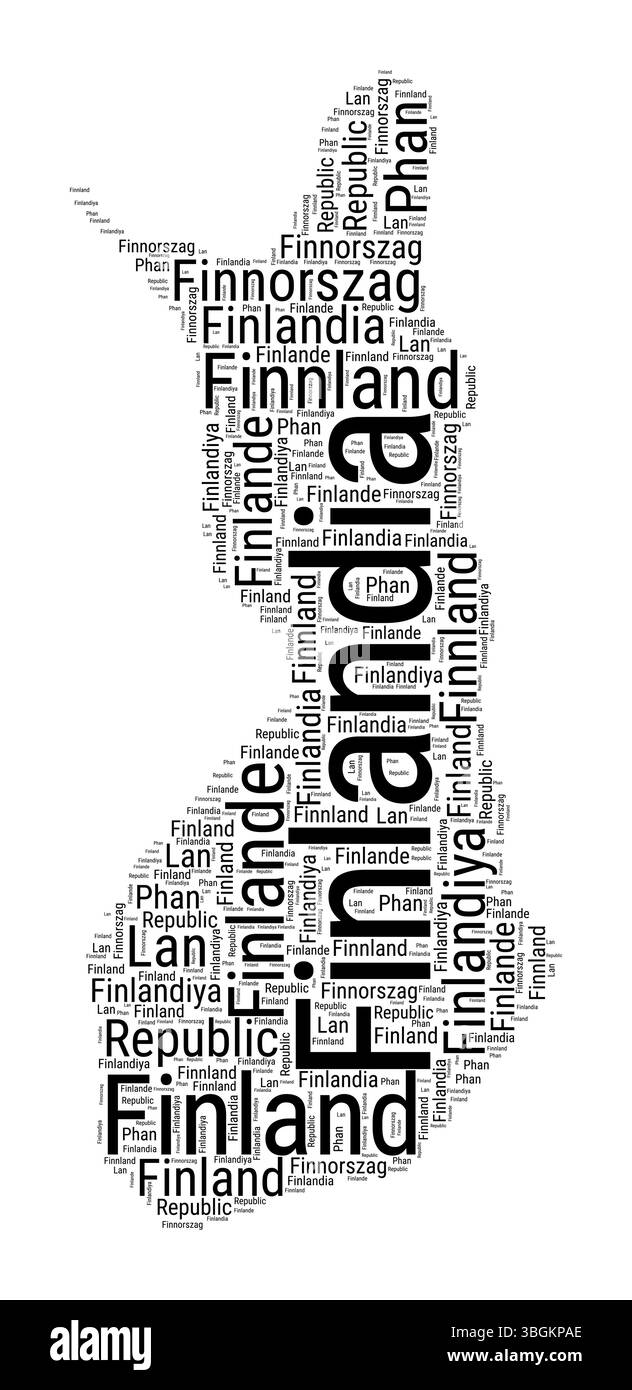 Mot nuage noir et blanc en forme de Finlande. Illustration de pays de style typographique simple. Nuage de texte noir de Finlande simple sur fond blanc. Illustration de Vecteur