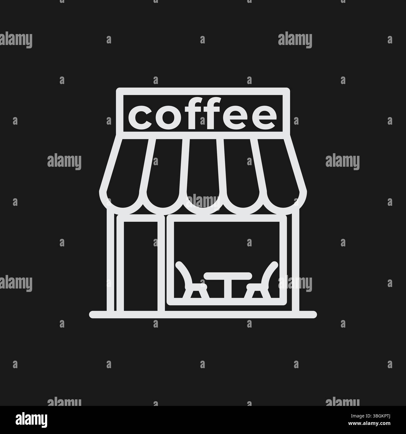 Façade du café avec auvent, table et signe « café » sur fond noir, représentant Café ou entreprise, icône de contour blanc Illustration de Vecteur