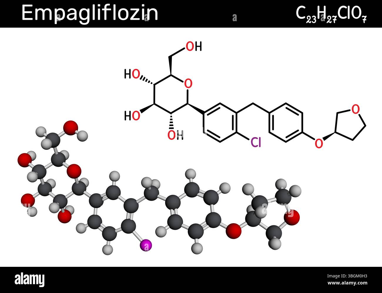 Molécule d'empagliflozine. Inhibiteur de SGLT2 utilisé pour traiter le diabète de type 2 et abaisser la glycémie. Illustration Banque D'Images