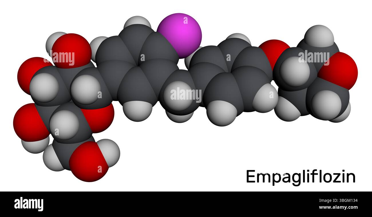 Molécule d'empagliflozine. Inhibiteur de SGLT2 utilisé pour traiter le diabète de type 2 et abaisser la glycémie. Modèle moléculaire. Rendu 3D. Illustration Banque D'Images