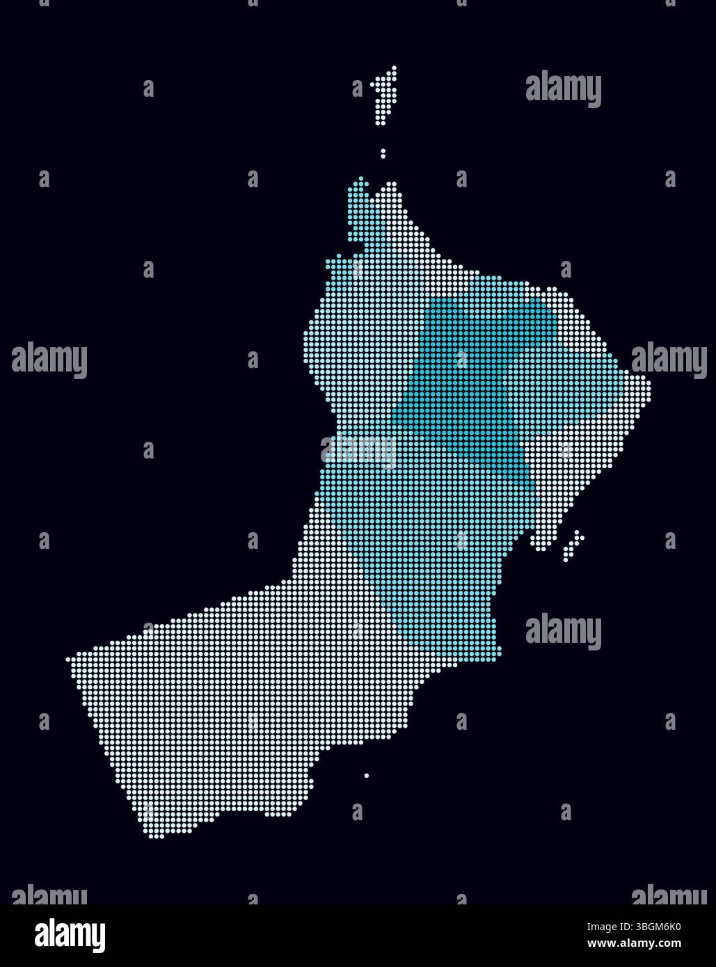 Carte en pointillés d'Oman. Carte de style numérique du pays sur fond sombre. Forme Oman avec des points circulaires. Style de points colorés. Cercles de petite taille. Illustration de Vecteur