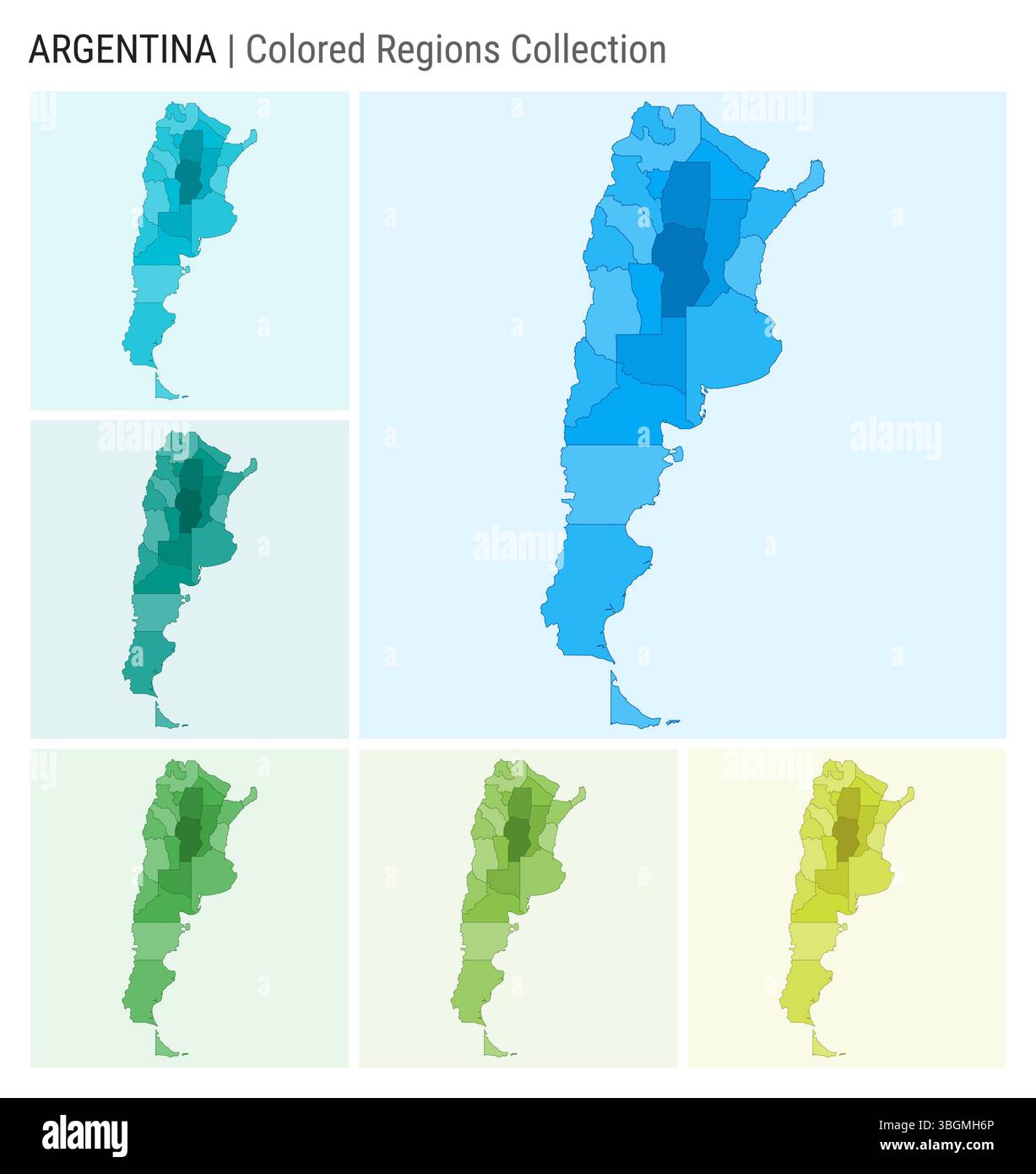 Collection de cartes Argentine. Forme de pays avec régions colorées. Bleu clair, cyan, sarcelle, vert, vert clair, palettes de couleurs de chaux. Illustration de Vecteur