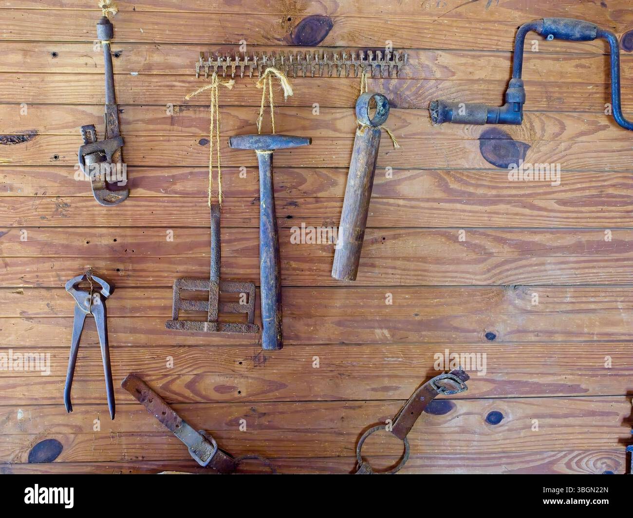 Des outils agricoles anciens accrochés sur un mur de planches de bois à la ferme d'enfance de jimmy carter Banque D'Images