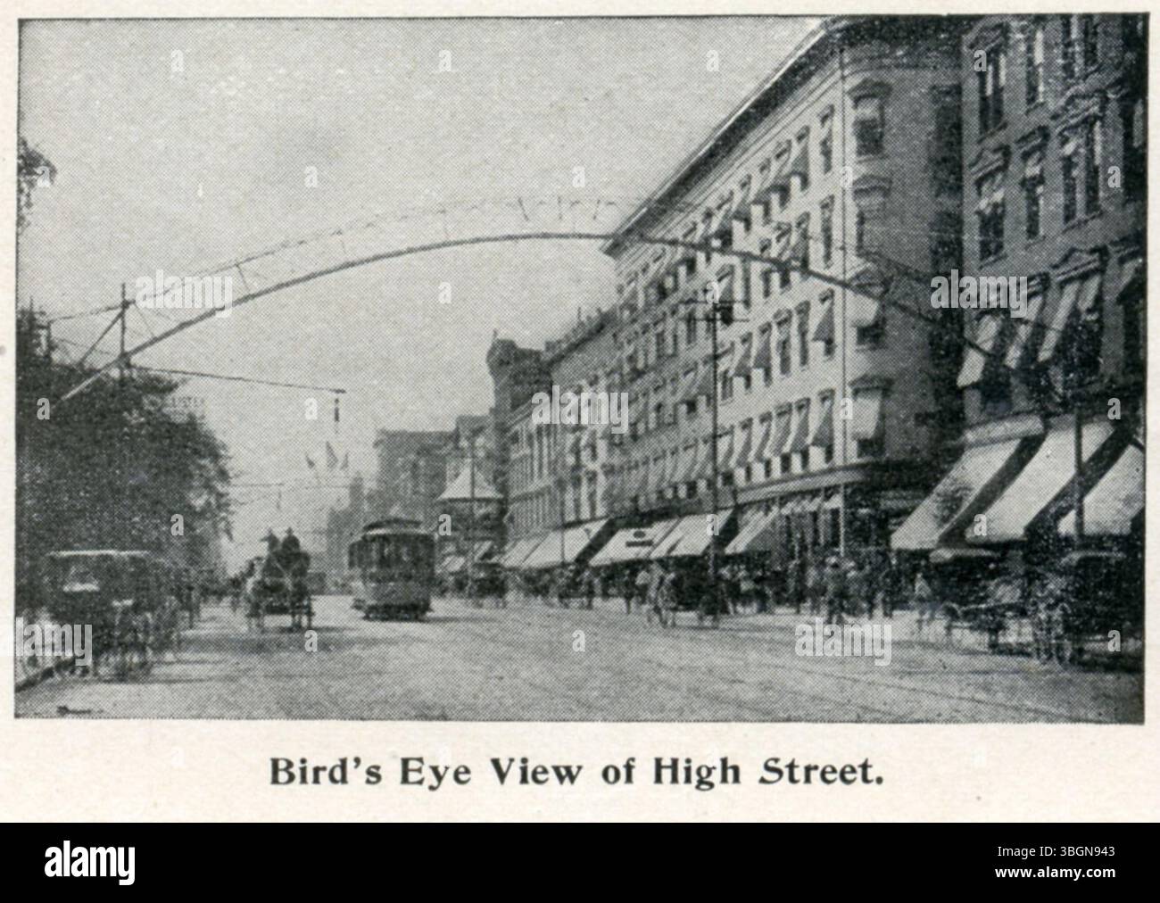 Cette photographie de 1897 montre South High Street à Columbus, Ohio, vue vers le sud depuis Broad Street. L'éclairage des rues, les arcs électriques et les lampes à gaz sont visibles. La scène capture le trottoir Nicholson et un chemin de fer urbain à voie unique qui était en usage à l'époque. Banque D'Images
