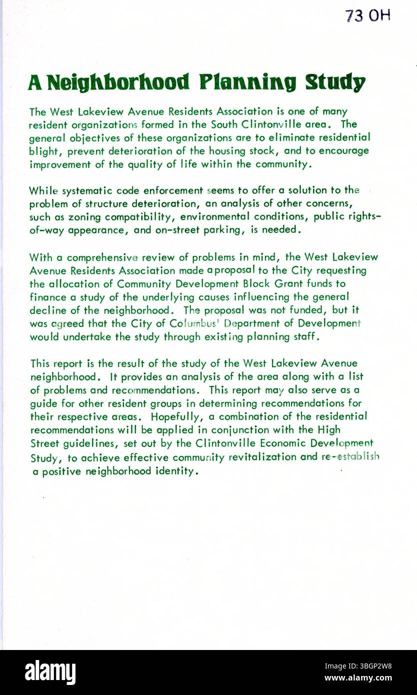 L'étude de 1979 sur le quartier de West Lakeview Avenue présente une analyse des enjeux du secteur et des recommandations d'améliorations. Ce rapport sert également de ressource pour d'autres groupes communautaires qui élaborent des plans d'amélioration du quartier. Banque D'Images