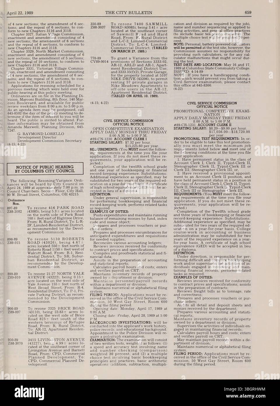 Cette section du Columbus City Bulletin de 1989 comprend les délibérations du conseil municipal, les ordonnances, les résolutions, les mises à jour de la fonction publique, les annonces de soumissions et de propositions, et les actions du conseil d'achat. Banque D'Images