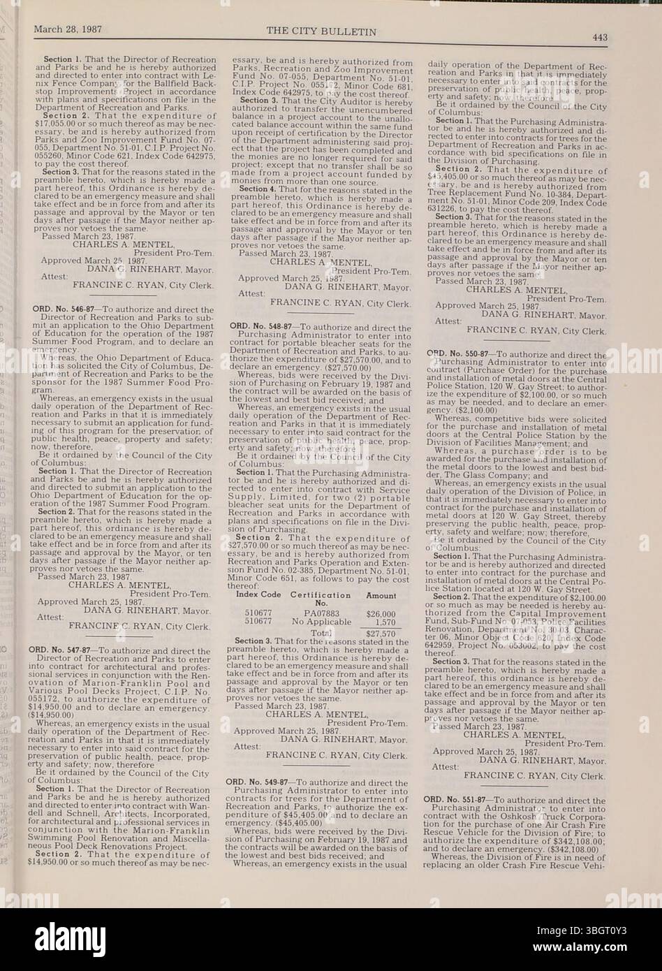 La page 727 du Bulletin de la ville de Columbus de 1987 contient des mises à jour sur les notes de la fonction publique, les délibérations du conseil municipal, les ordonnances, les soumissions, les propositions, et des activités du conseil d'achat, publiées sous la direction du greffier de la ville. Banque D'Images