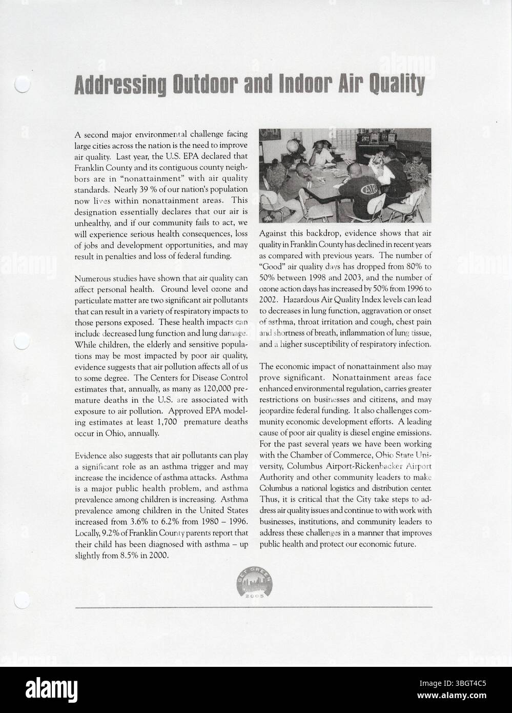 La « note verte » de 2005, dirigée par le maire Michael B. Coleman, décrit les politiques visant à promouvoir la croissance verte tout en atteignant les objectifs de développement économique. Le plan visait à impliquer les entreprises, les résidents et les partenaires régionaux de Columbus dans un effort concerté pour créer une ville plus durable. Banque D'Images