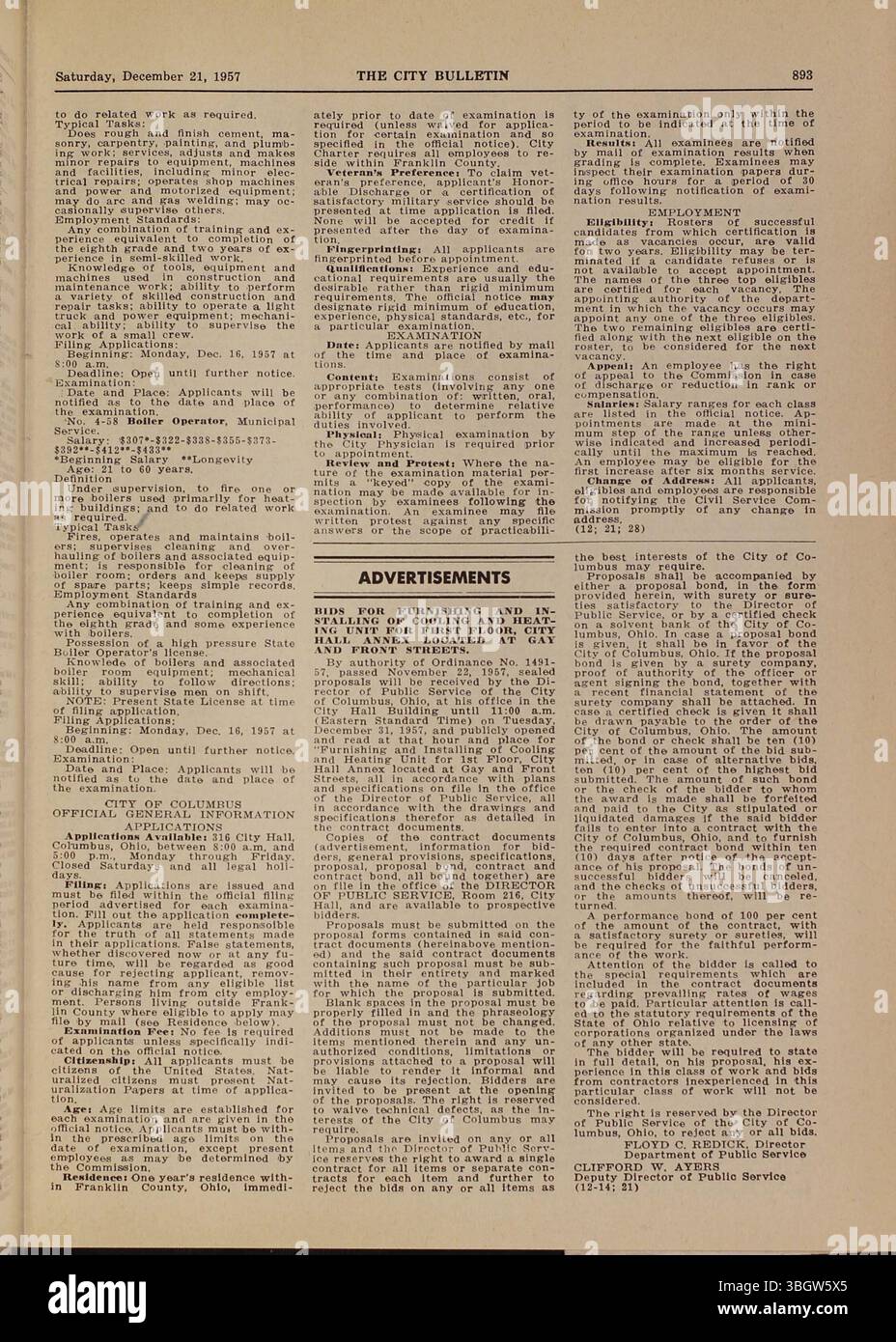 Le bulletin de 1957 contient les délibérations du conseil municipal de Columbus, les propositions législatives, les ordonnances, les avis de passation de marchés et les détails de la fonction publique. Banque D'Images
