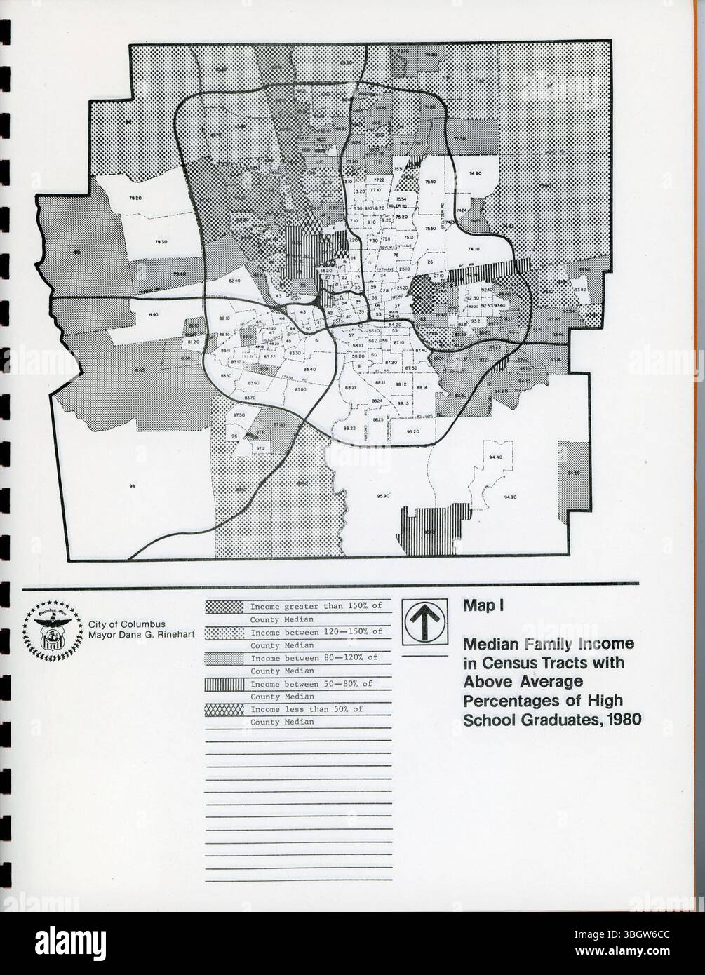 Cette analyse présente des aperçus fondés sur les données sur les variations du revenu médian des familles du centre de l'Ohio, tirés des rapports des recensements de 1970 et 1980. Banque D'Images