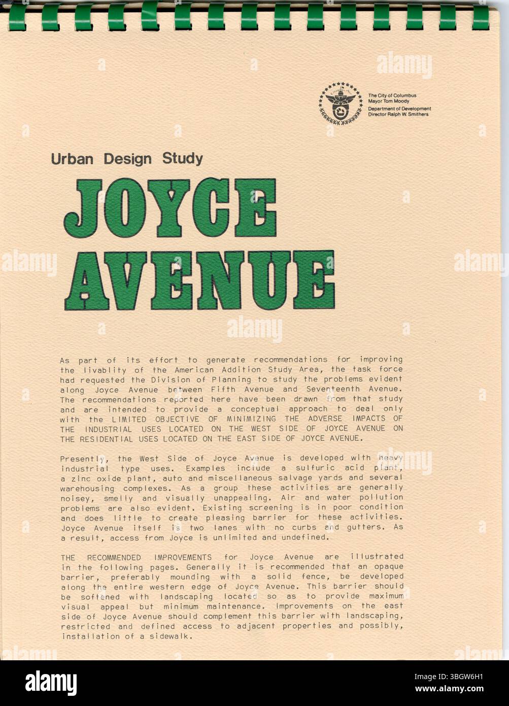 L'étude de conception urbaine de l'avenue Joyce se concentre sur l'évaluation des problèmes le long de l'avenue Joyce, entre la Cinquième avenue et la dix-septième avenue, avec des recommandations visant à améliorer l'habitabilité dans la zone de l'étude des ajouts américains. L'équipe spéciale a demandé que cette étude traite des problèmes d'urbanisme. Banque D'Images