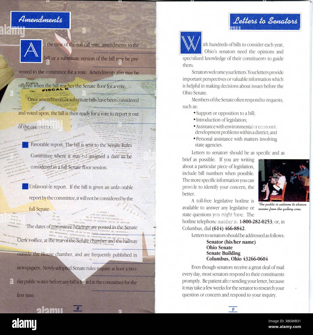 Cette brochure de la 116e Assemblée générale du Sénat de l'Ohio (1993-1994) éduque les citoyens sur le processus législatif de l'État et comment s'impliquer dans les activités du gouvernement de l'État. Banque D'Images
