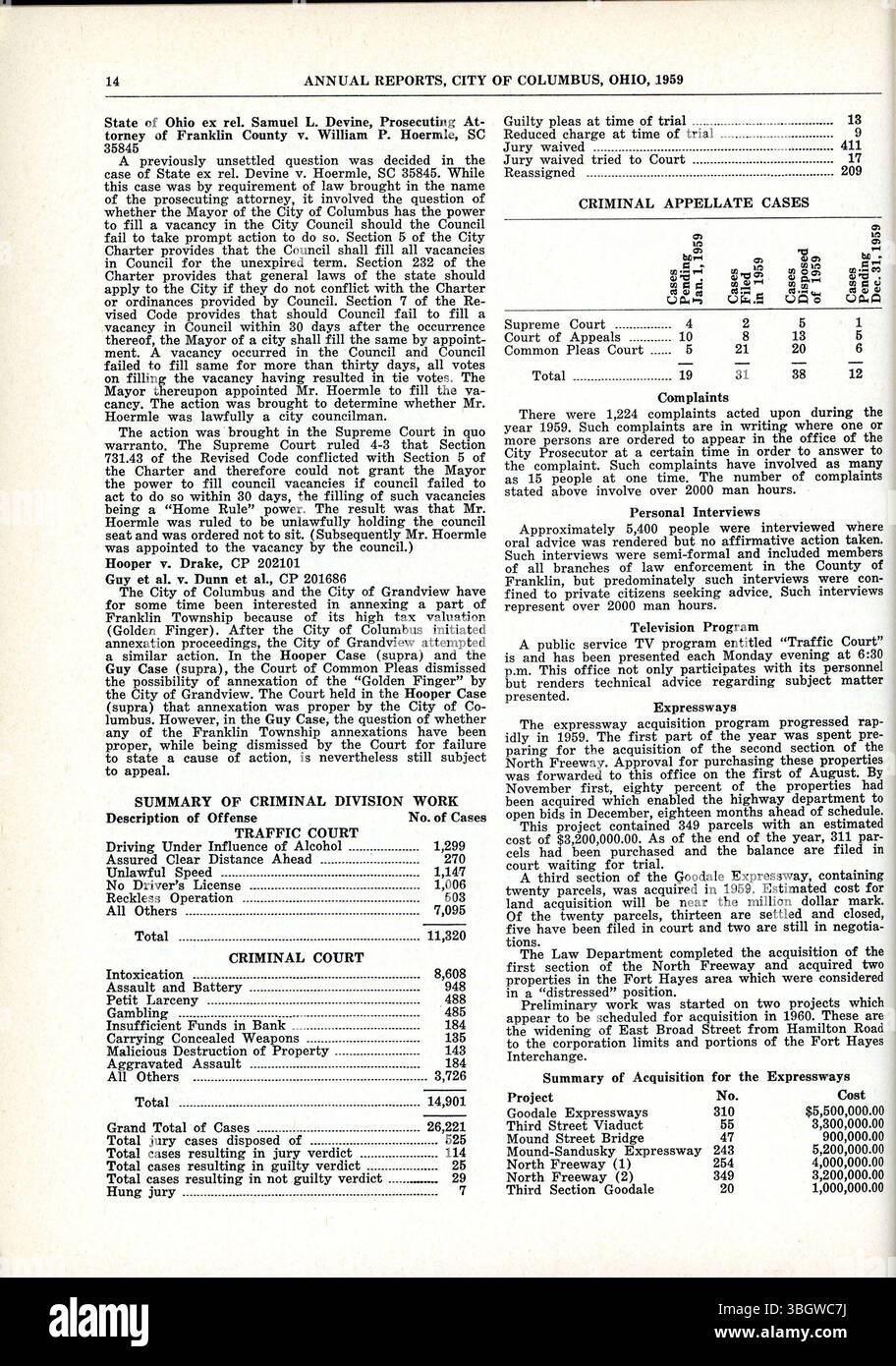 Le rapport annuel de 1959 de la ville de Columbus détaille les recettes et les dépenses. Il contient les rapports financiers du Comité des voies et moyens, du greffier municipal et du trésorier municipal. Banque D'Images