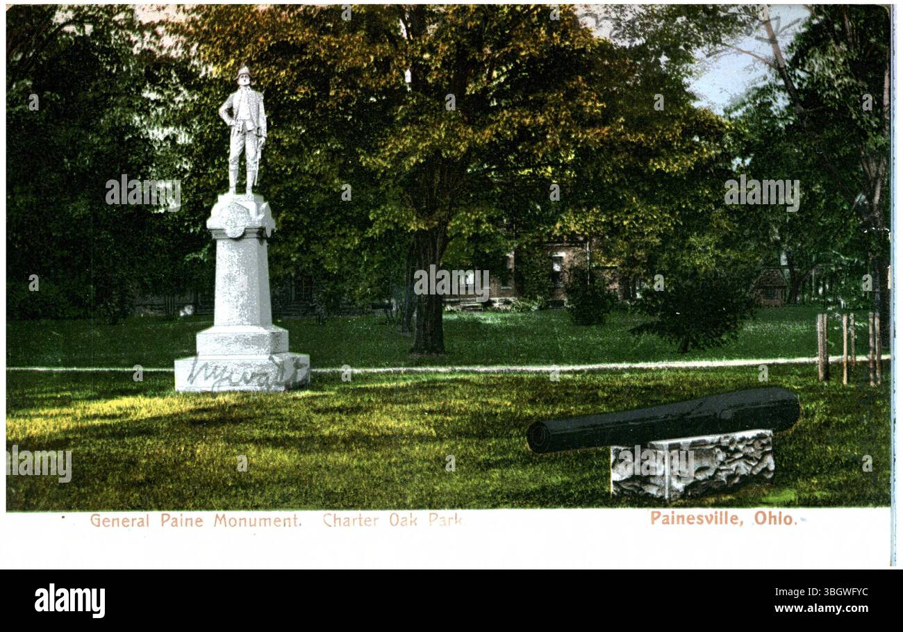 Une vue de 1907 du monument général Paine à Charter Oak Park, Painesville, Ohio. Le monument rend hommage au général Edward Paine, un héros de la guerre d'indépendance américaine, et la ville de Painesville porte son nom. Banque D'Images