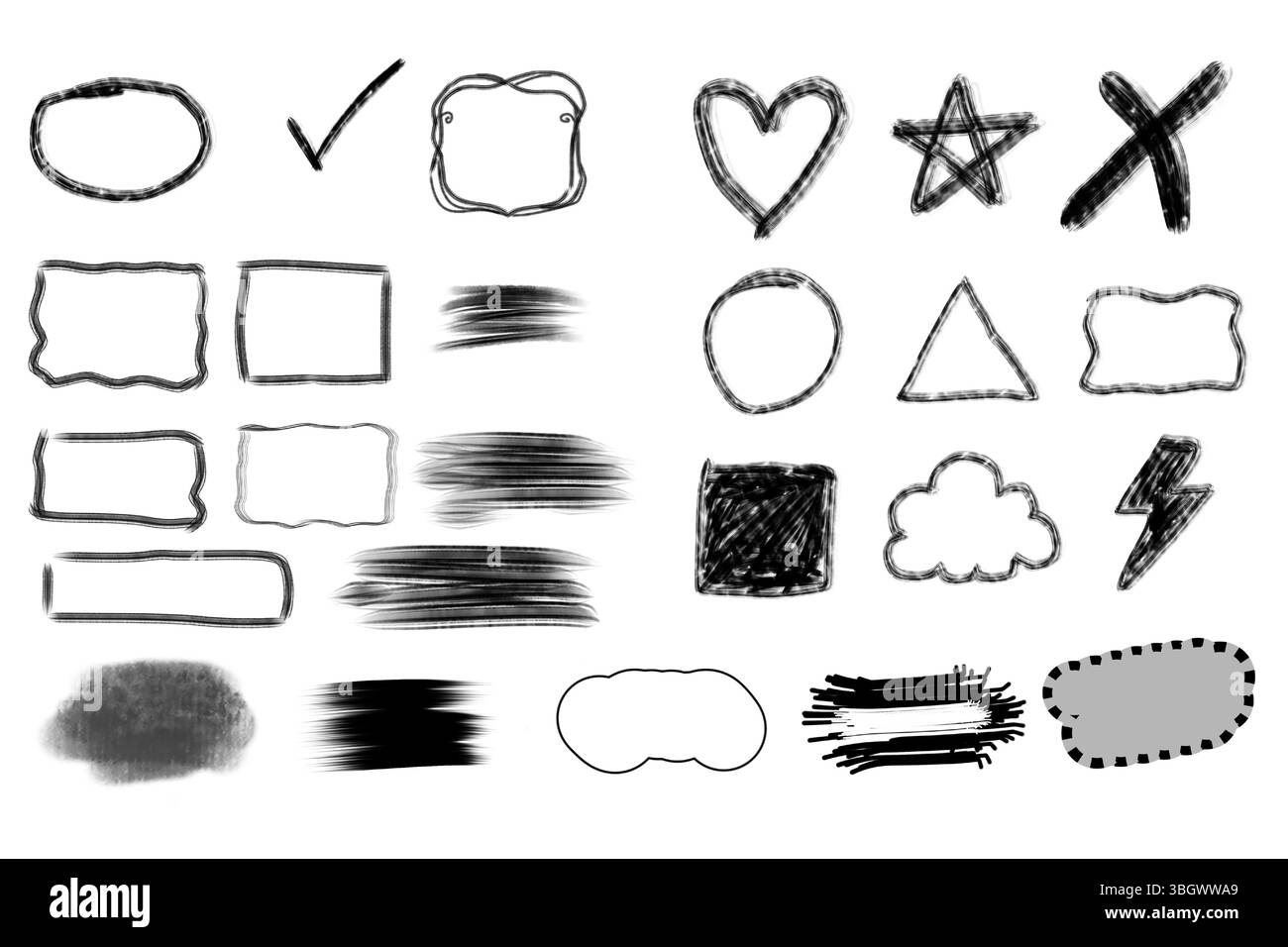 Collection d'icônes de doodle dessinée à la main. Ensemble de formes esquissées, de lignes griffonnées et de graphiques texturés au stylo noir. Illustration de Vecteur