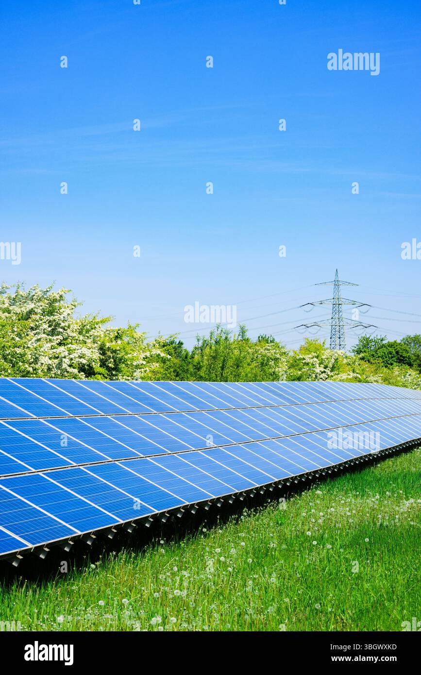 Un système solaire moderne dans un paysage verdoyant avec une ligne électrique à haute tension en arrière-plan, montrent les progrès de la production d'énergie durable et th Banque D'Images