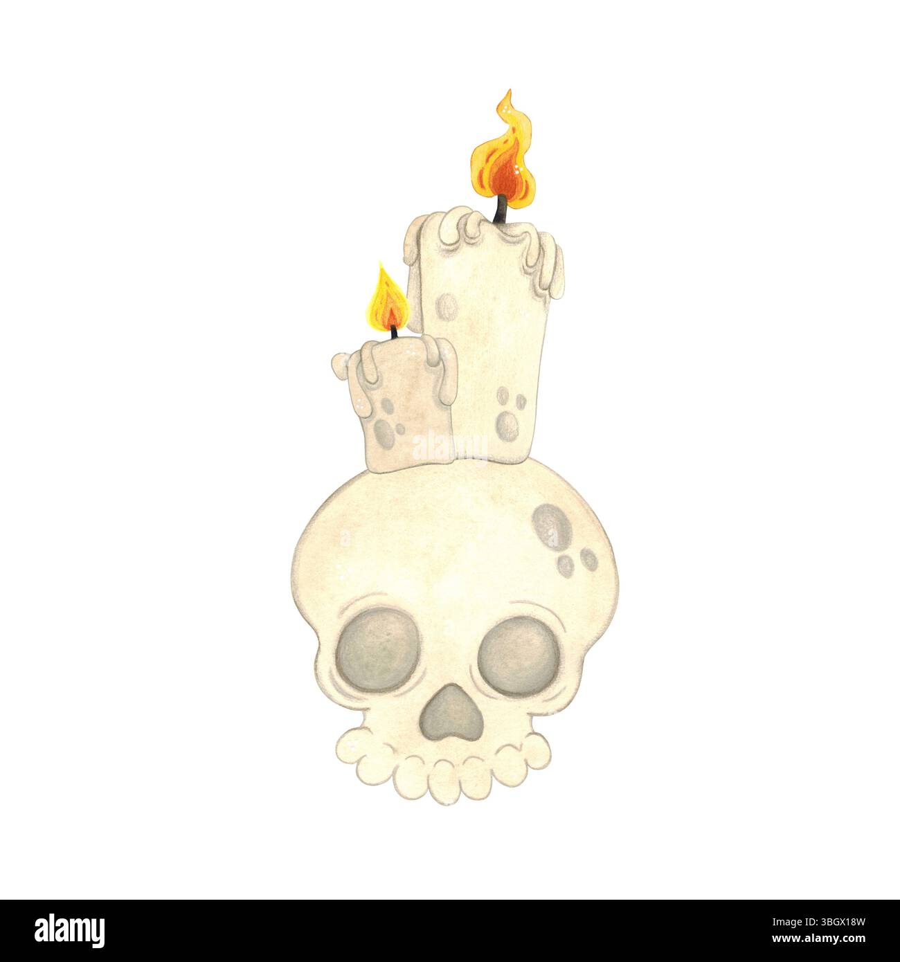 Crâne avec des bougies allumées, décoration d'halloween. Illustration dessinée à la main à l'aquarelle de dessin animé. Conception pour autocollants, scrapbooking. Vacances, os, crâne Banque D'Images