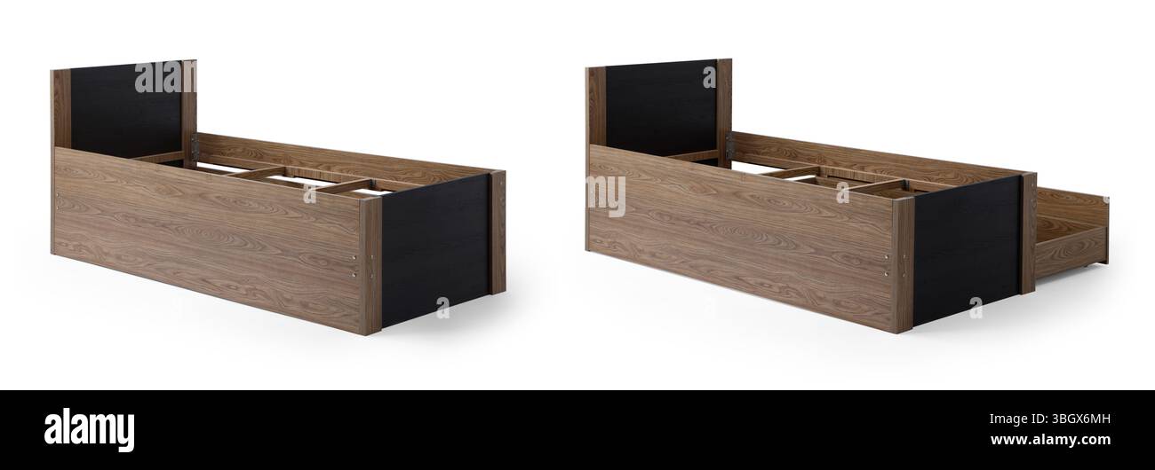 Ensemble de lit d'enfant en bois isolé sur fond blanc. Lit d'adolescent isolé sur fond blanc. Banque D'Images