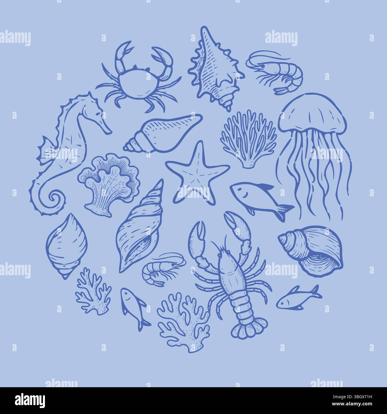 Collection de créatures marines dessinées à la main et de coquillages disposés dans une composition circulaire. Doodle nautique ensemble dans les tons bleus, parfait pour le thème de l'océan Illustration de Vecteur