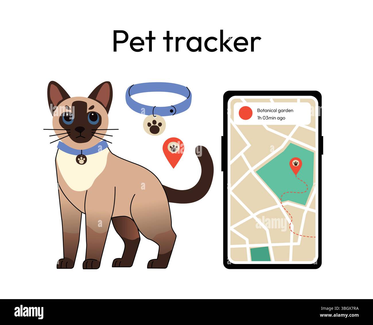 Système de suivi des animaux de compagnie avec un chat siamois portant un collier GPS, un smartphone affichant une application de suivi de position et un marqueur cartographique sécurité moderne des animaux Illustration de Vecteur