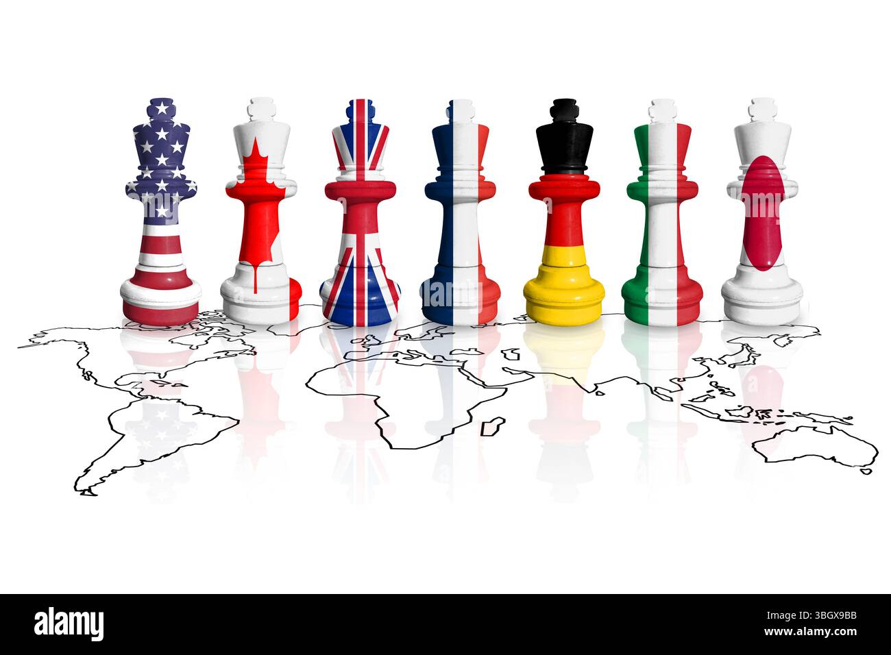 Drapeaux du groupe des sept ou G7. Échecs fabriqués à partir des Etats-Unis, Canada, Royaume-Uni, France, Italie, drapeaux de l'Allemagne et du Japon sur une carte du monde. Banque D'Images