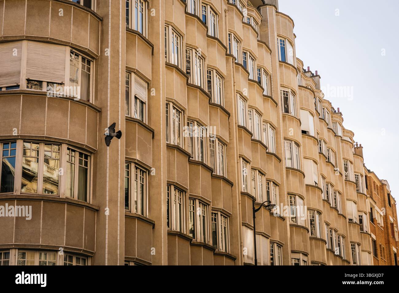 Un pigeon est pris en vol contre la façade saisissante et incurvée d'un bâtiment résidentiel Art déco, mettant en valeur son motif rythmé de fenêtres A. Banque D'Images