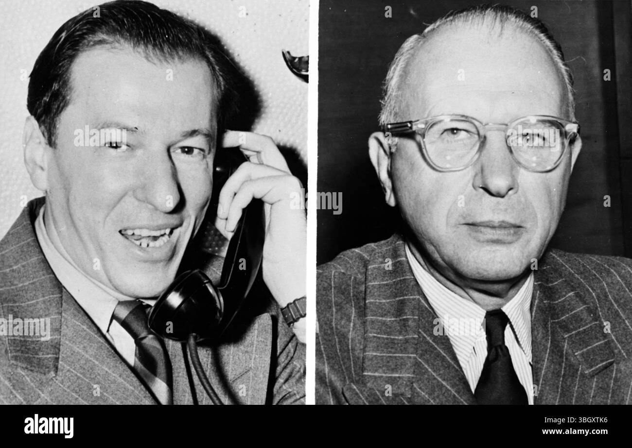 Le directeur du budget Joseph M Dodge (à droite) a lancé une campagne de trois semaines pour réduire les dépenses du gouvernement. Pendant ce temps, Harry Weiss (à gauche), directeur exécutif du conseil de stabilisation des salaires, a été accusé par la Maison Blanche d'une "prise de pouvoir indésirable" pour avoir déclaré que les contrôles salariaux seraient levés immédiatement. 3 février 1953 Banque D'Images