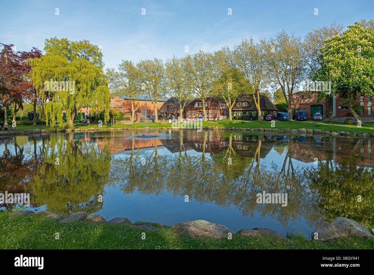Étang, arbres, maisons, image miroir, Petersdorf, île de Fehmarn, Schleswig-Holstein, Allemagne Banque D'Images